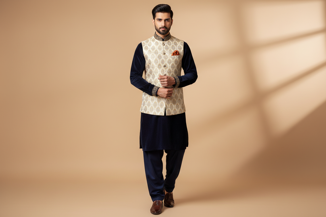 a pakistani model wear shalwar kameez and wear wescoat over it looking more elegent 